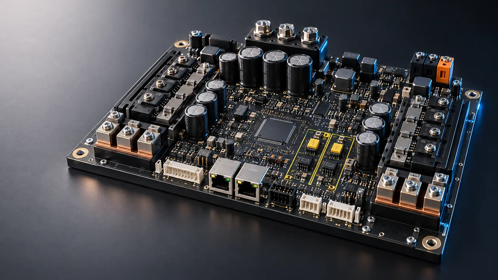 Motor controller PCB: fully populated power electronics with EtherCAT interface, high-voltage capacitors and copper heat spreaders