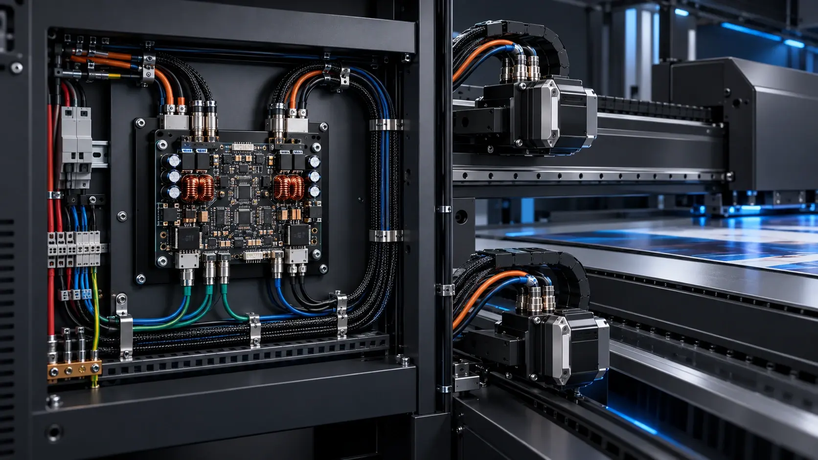 Motor controller installed: mounted in control cabinet with cable harnesses and connected linear axes
