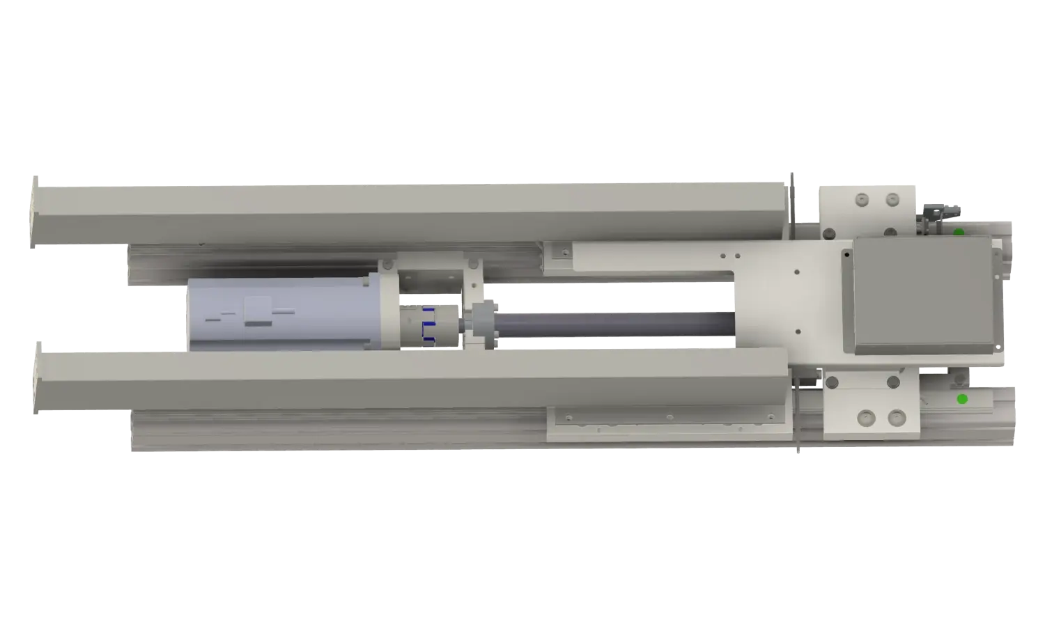 CAD model of a single axis with motor, coupling, screw and its attached electrical box