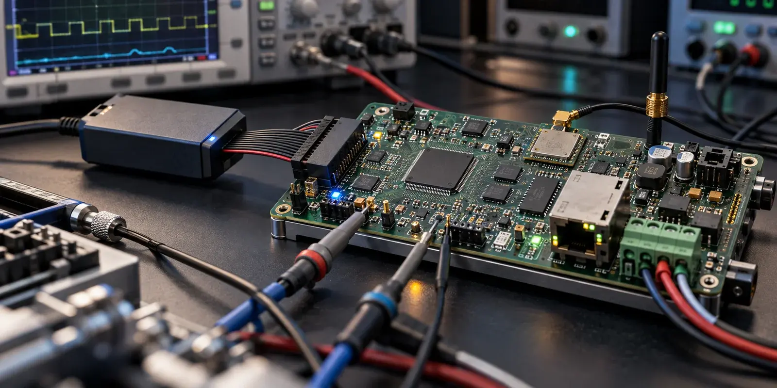 Bestückte Platine mit Funkmodul und Ethernet am Messplatz, angeschlossen an Oszilloskop-Tastköpfe und Debugger