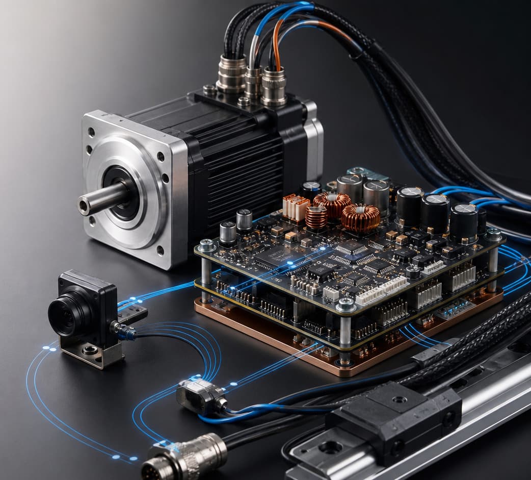 Servocontroller, BLDC-Motor, Kamera und Linearführung vernetzt mit Akrodyn Motion-Control-Plattform