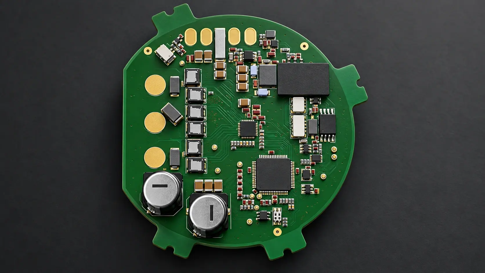 Circular servo controller, top side: fully populated board with power stage, microcontroller and dual encoder interface